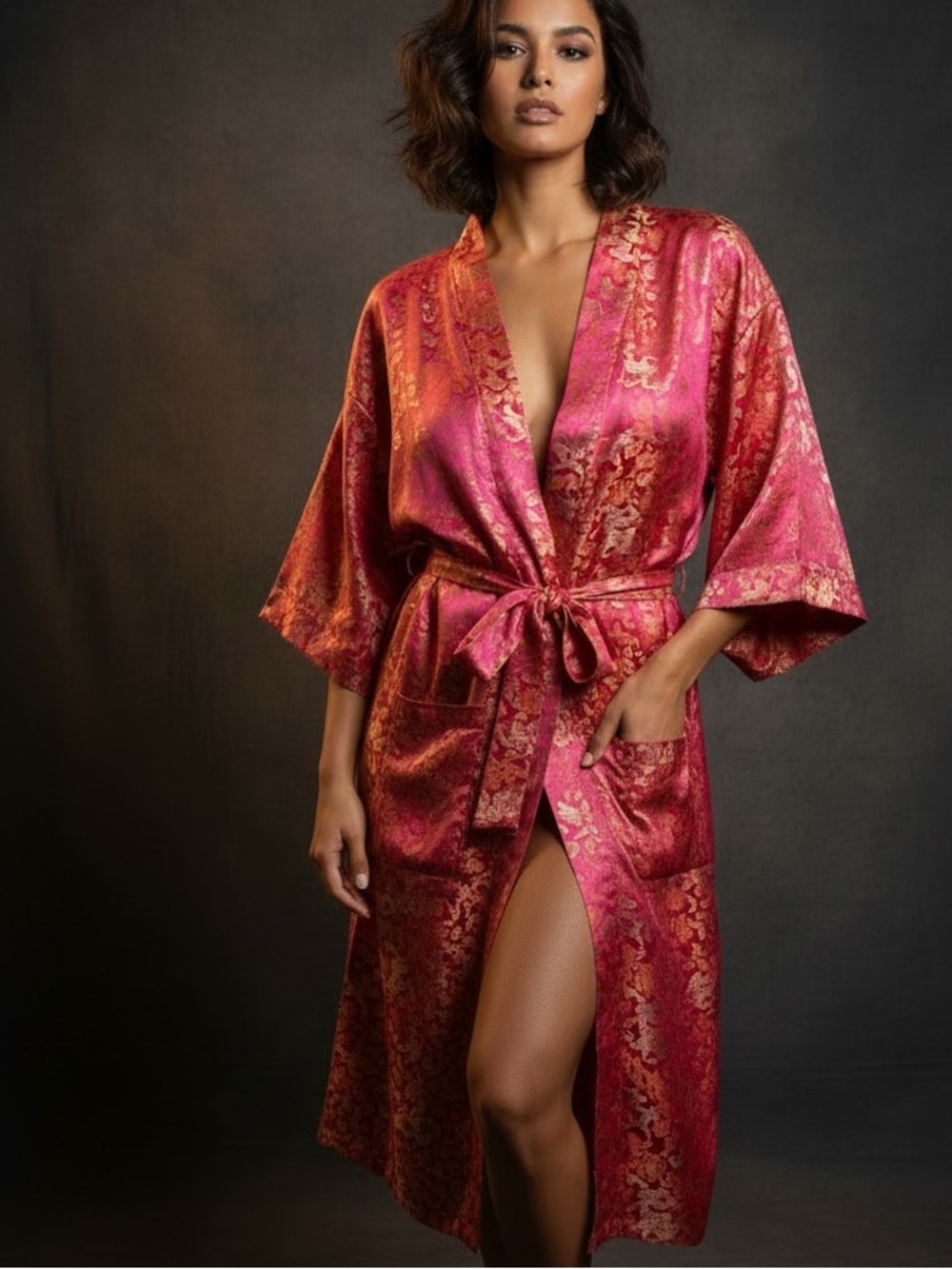 Silk Metallic Rose Kimono Robe with Tie Belt